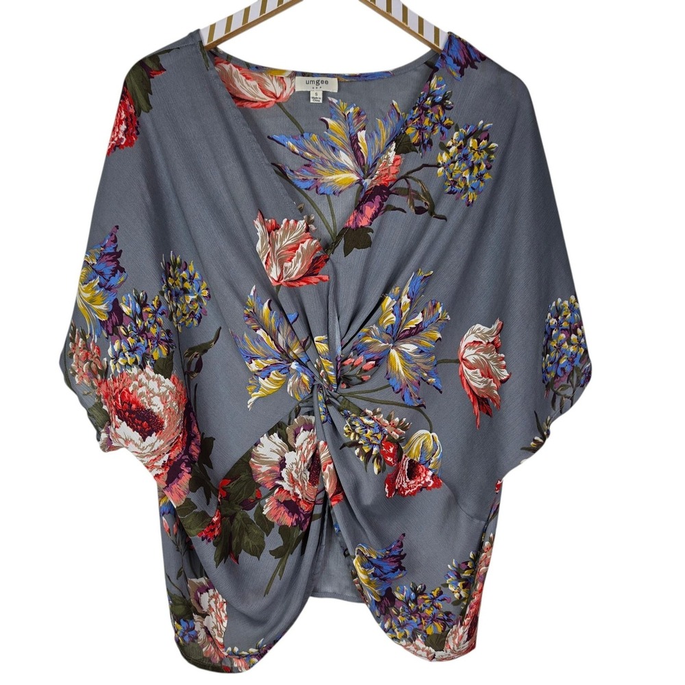 UMGEE Kimono Blouse Womens Small Gray Floral Twist V Neck Draped Top Oversized